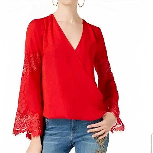 INC Christmas Red Lace Sleeve Cross Body Surplice Faux Wrap Dress Top Blouse M - Picture 1 of 8